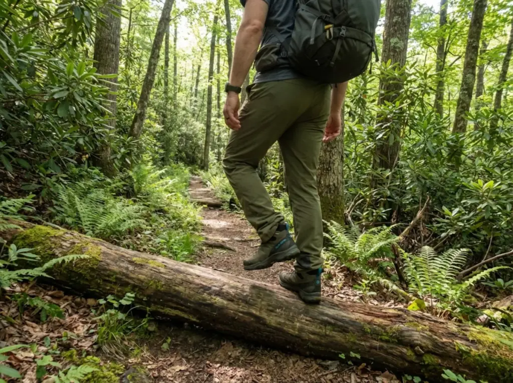 Backpacker with too-long hiking pants catching on boot while stepping over log on trail