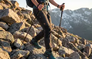 Matching Hiking Pant Length to Terrain Types Hiker descending rocky terrain with hiking pants fitted above boot cuff for foot visibility