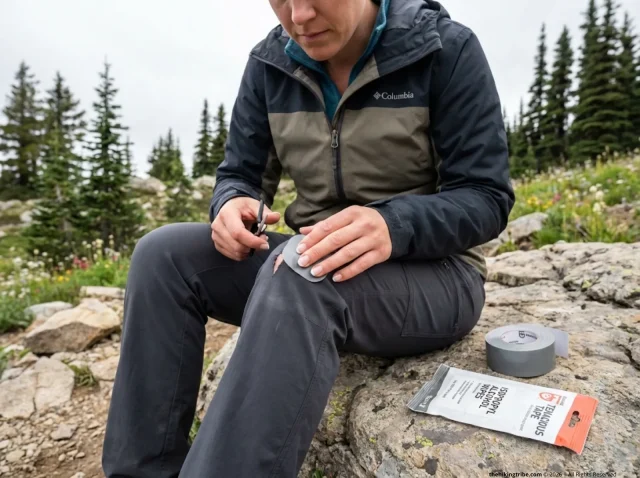 hiking-pants-patch-repair-field-method-hero Woman applying Tenacious Tape patch to torn hiking pants on alpine trail — field repair guide