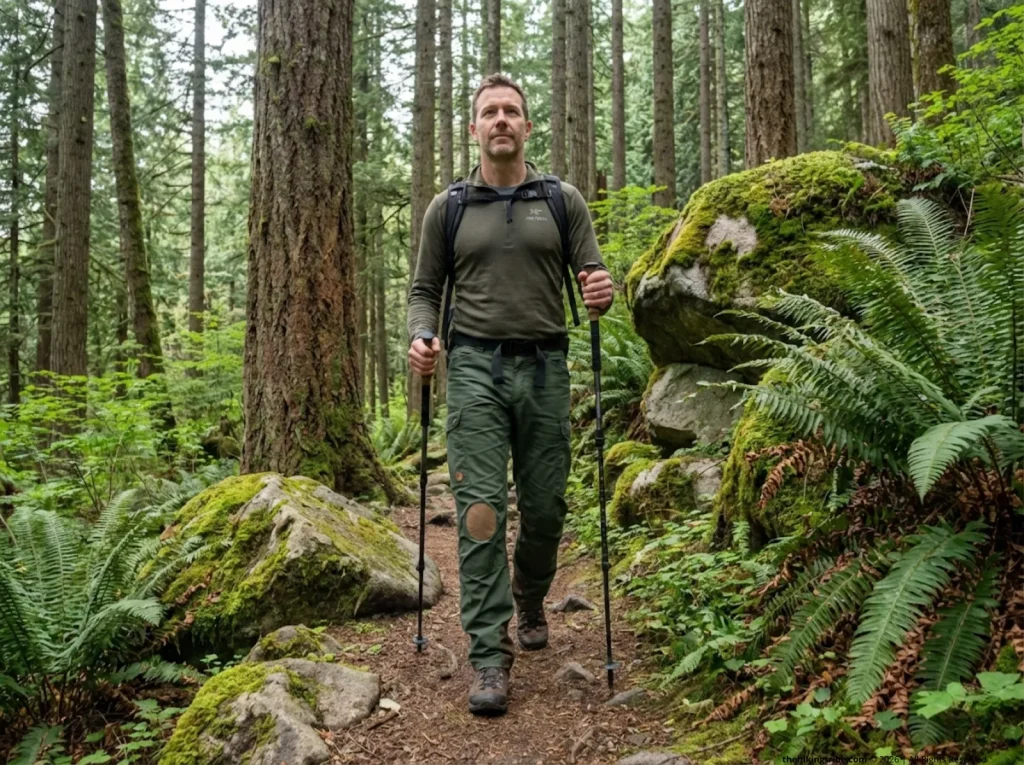 Experienced hiker walking Pacific Northwest trail in repaired Fjällräven pants — gear stewardship over replacement