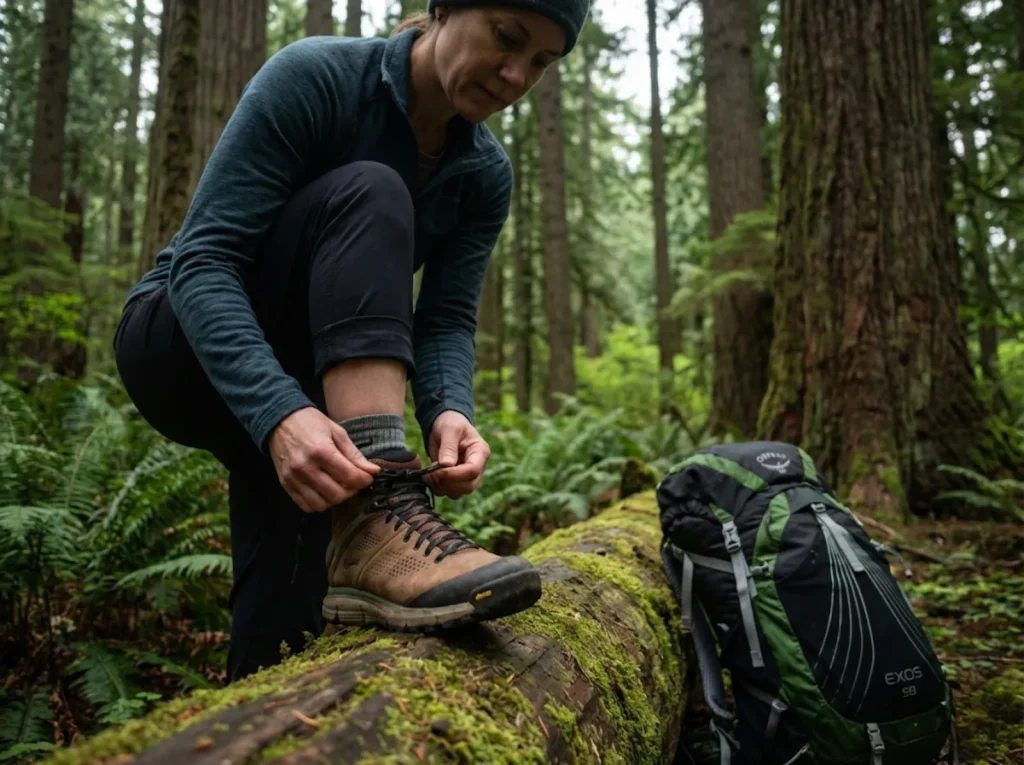 Hiker lacing well-maintained resoled hiking boots on old-growth forest trail