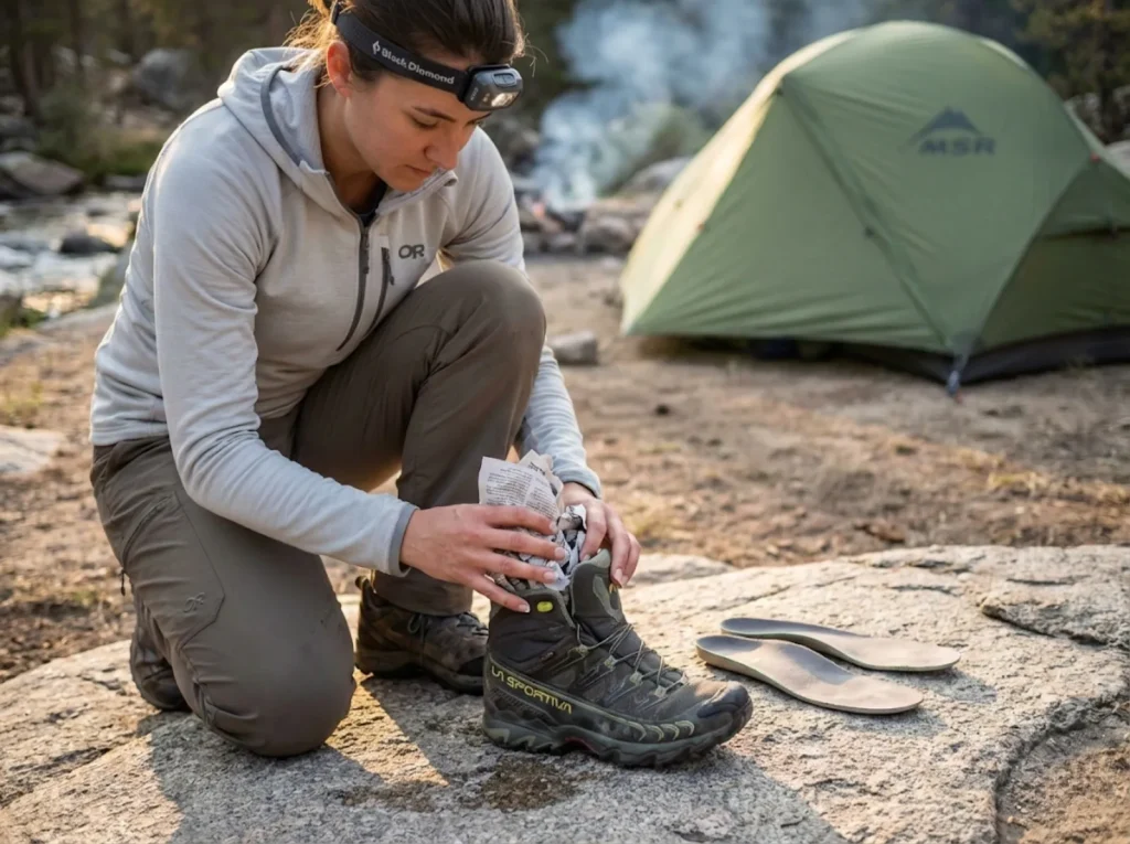 Hiker properly drying wet hiking shoes with newspaper at backcountry campsite
