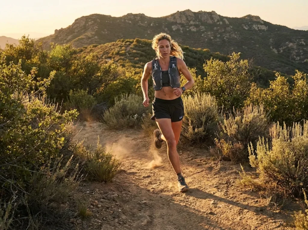 Trail runner mid-stride on mountain switchback showing shoe ground contact biomechanics
