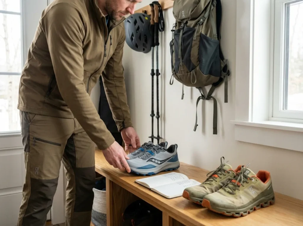 Organized hiking shoe rotation on gear shelf with mileage tracking notebook
