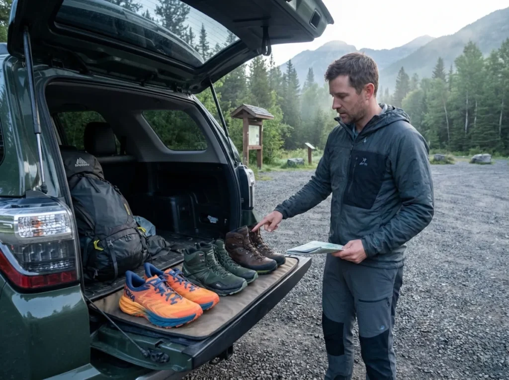 Hiker choosing between three hiking shoe pairs at trailhead for rotation system