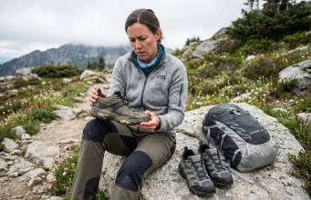 Why Your Hiking Shoes Die Early (And How to Fix It) Hiker examining worn hiking shoe midsole on alpine trail with replacement pair nearby