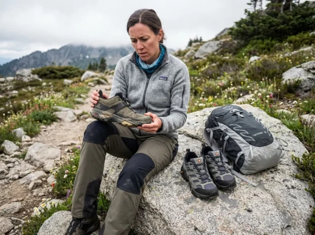 hiking-shoes-die-early-midsole-inspection Hiker examining worn hiking shoe midsole on alpine trail with replacement pair nearby