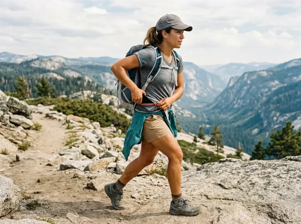 Hiker pulling a phone from a hip belt pocket on an Osprey pack mid-stride on a ridge trail