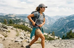 Best Hip Belt Pockets That Won’t Bounce 2026 Hiker pulling a phone from a hip belt pocket on an Osprey pack mid-stride on a ridge trail