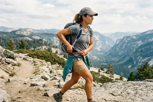 Best Hip Belt Pockets That Won’t Bounce 2026 Hiker pulling a phone from a hip belt pocket on an Osprey pack mid-stride on a ridge trail