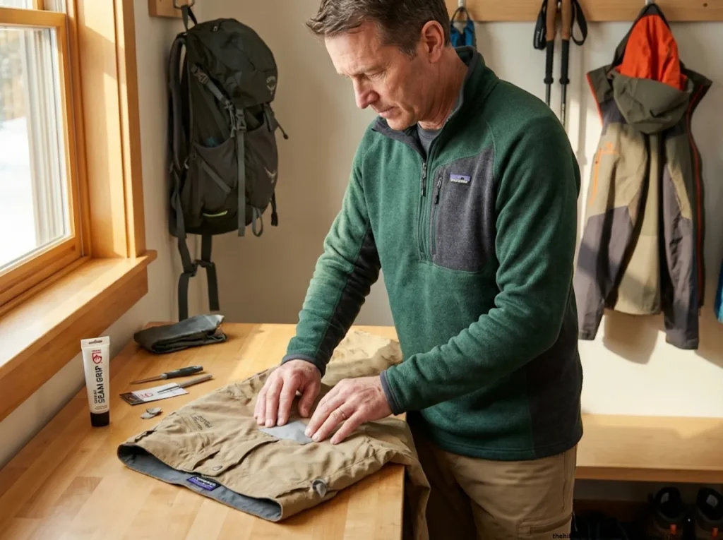 Hiker applying both-sides Seam Grip reinforcement to Patagonia hiking pants at home workshop