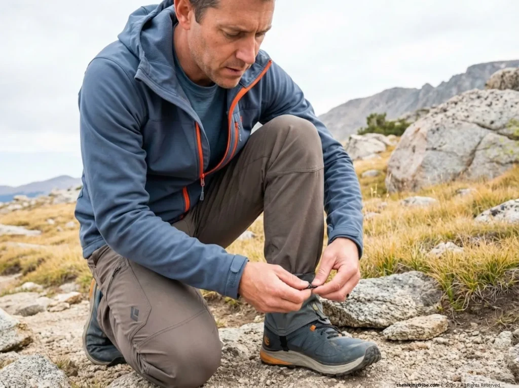 Hiker comparing ankle gaiter attachment system on rocky trail — how to choose trail running gaiters