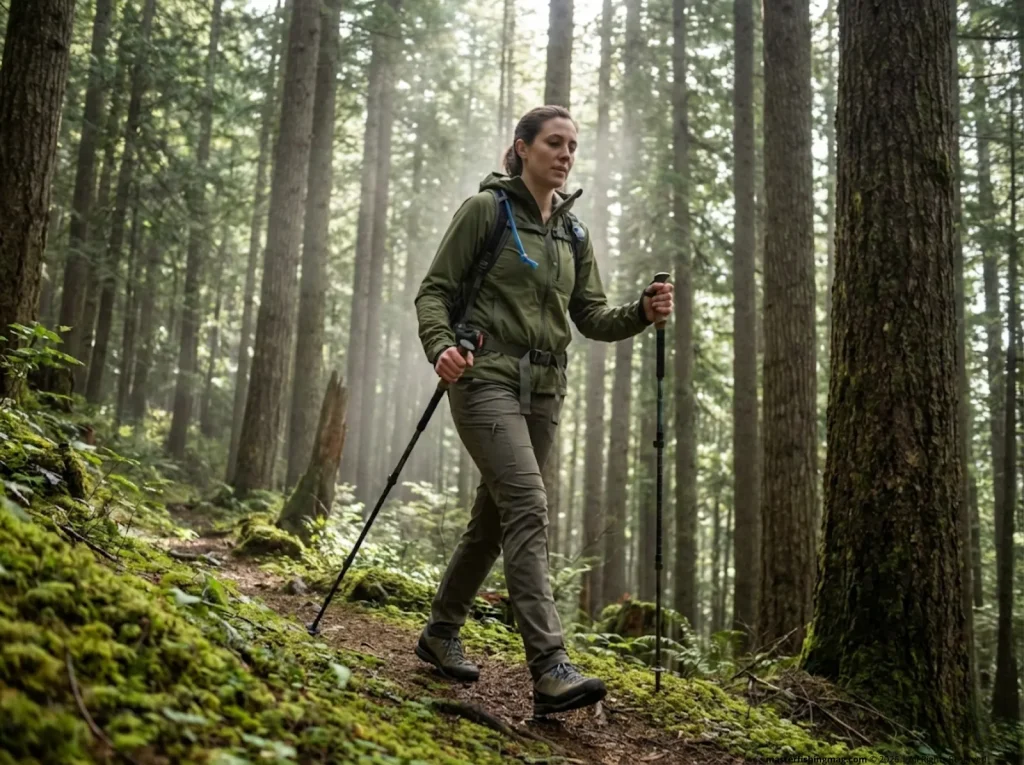 Woman in Outdoor Research softshell hiking steep forested trail — how to choose breathable softshell jacket