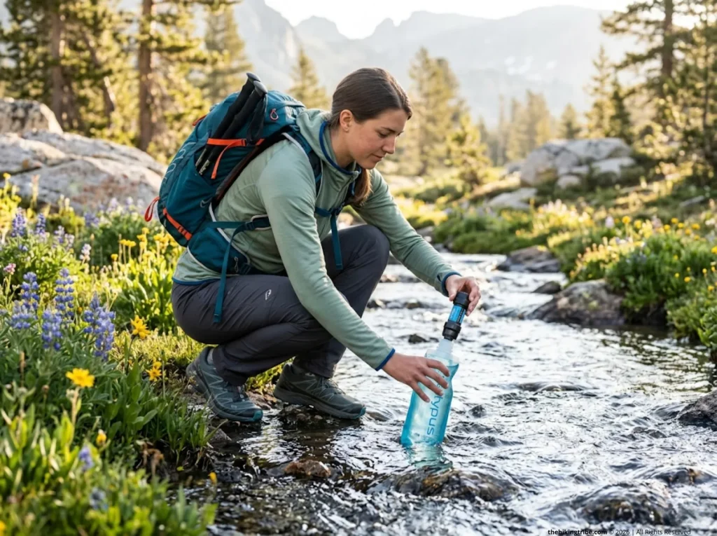 Hiker filling Platypus collapsible bottle from mountain stream with Sawyer filter — how to choose hiking water bottle