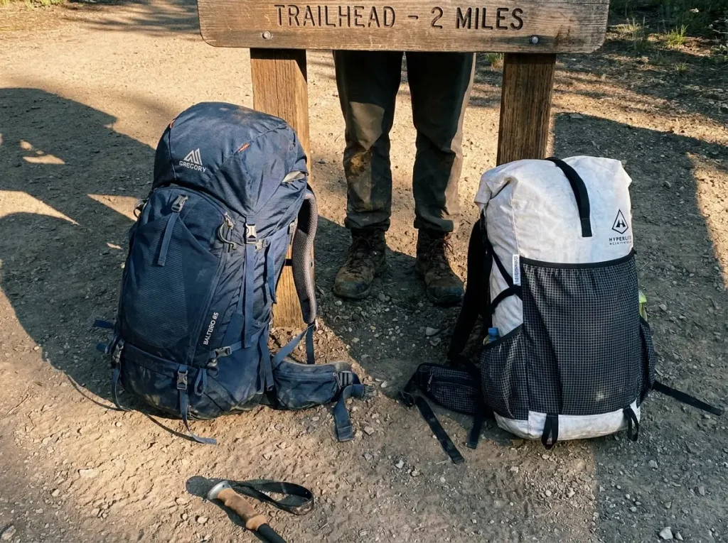 A top-lid Gregory pack and a roll-top HMG pack leaning together at a trailhead post