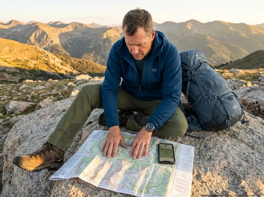 Experienced hiker using topo map and GPS app to self-assess trail difficulty before setting out on mountain hike