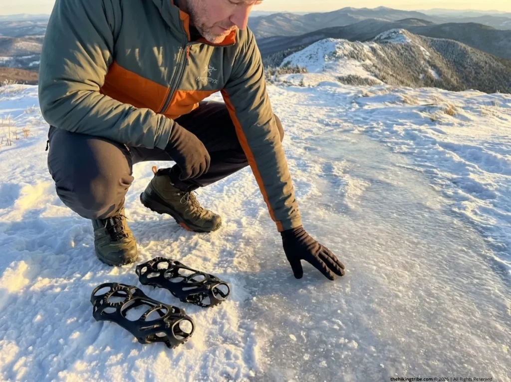 Hiker examining glare ice trail surface beside Yaktrax and Kahtoola MICROspikes — how traction devices work on ice