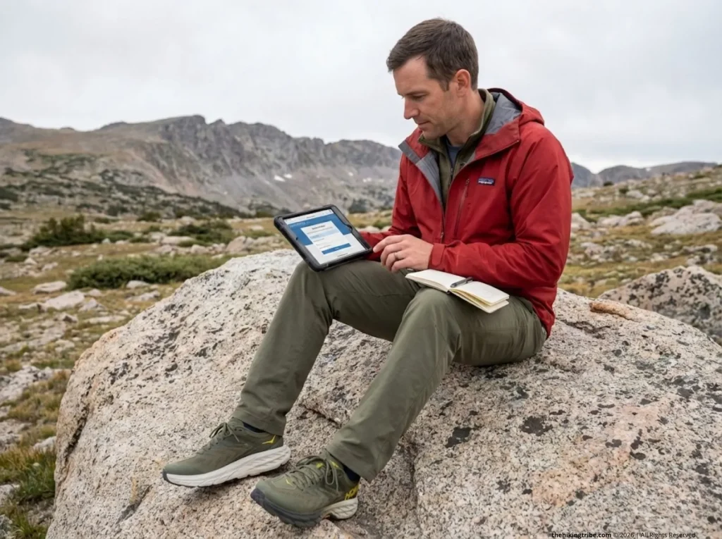 Hiker in Patagonia jacket reviewing permit lottery application on tablet on rocky alpine plateau