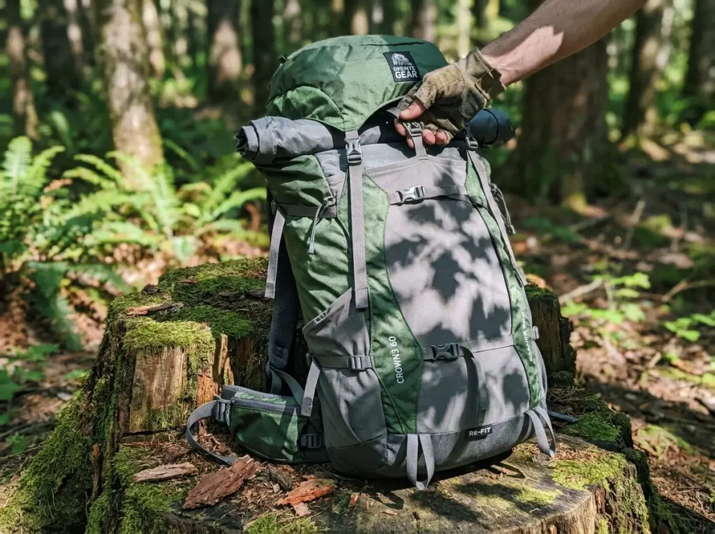 Granite Gear Crown3 with its roll-top body and removable top lid both attached on a stump