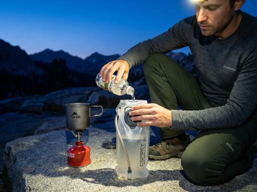 Hiker using vinegar cleaning solution to deep clean an Osprey hydration reservoir at camp