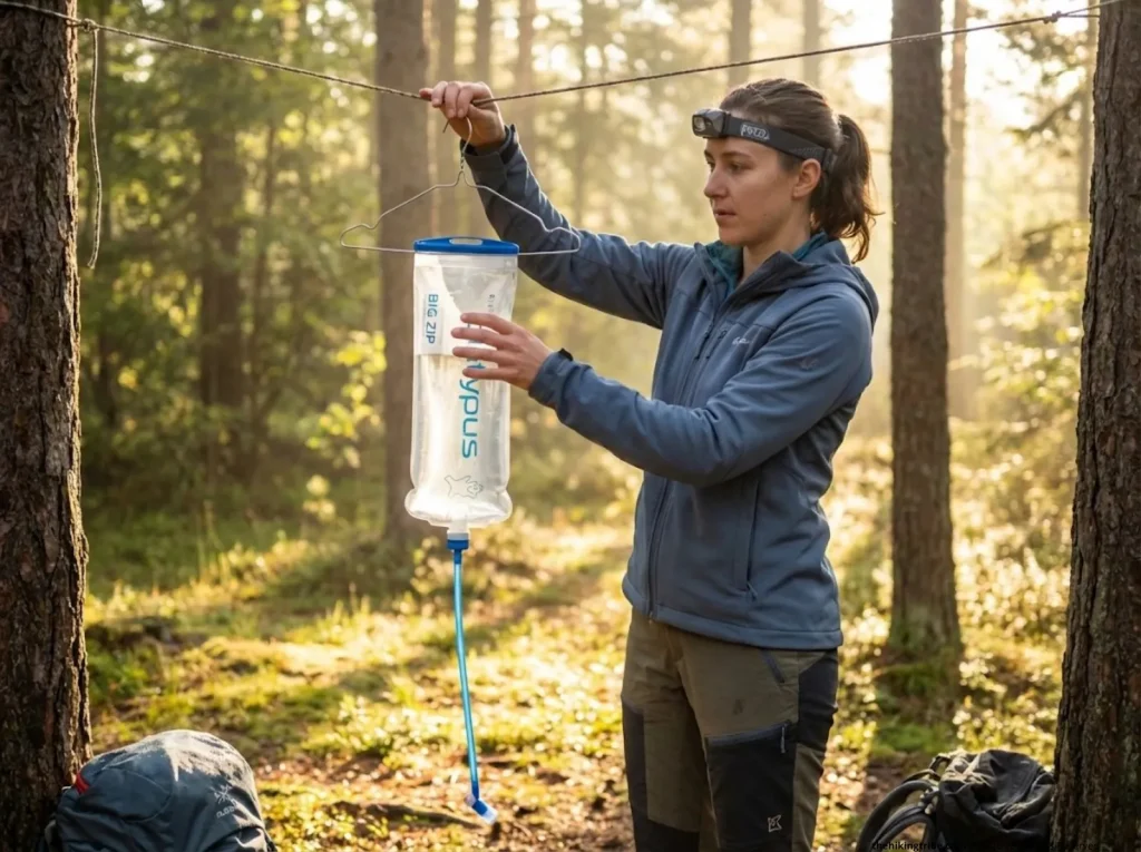Hiker using wire hanger to prop open Platypus reservoir for air drying at forest campsite