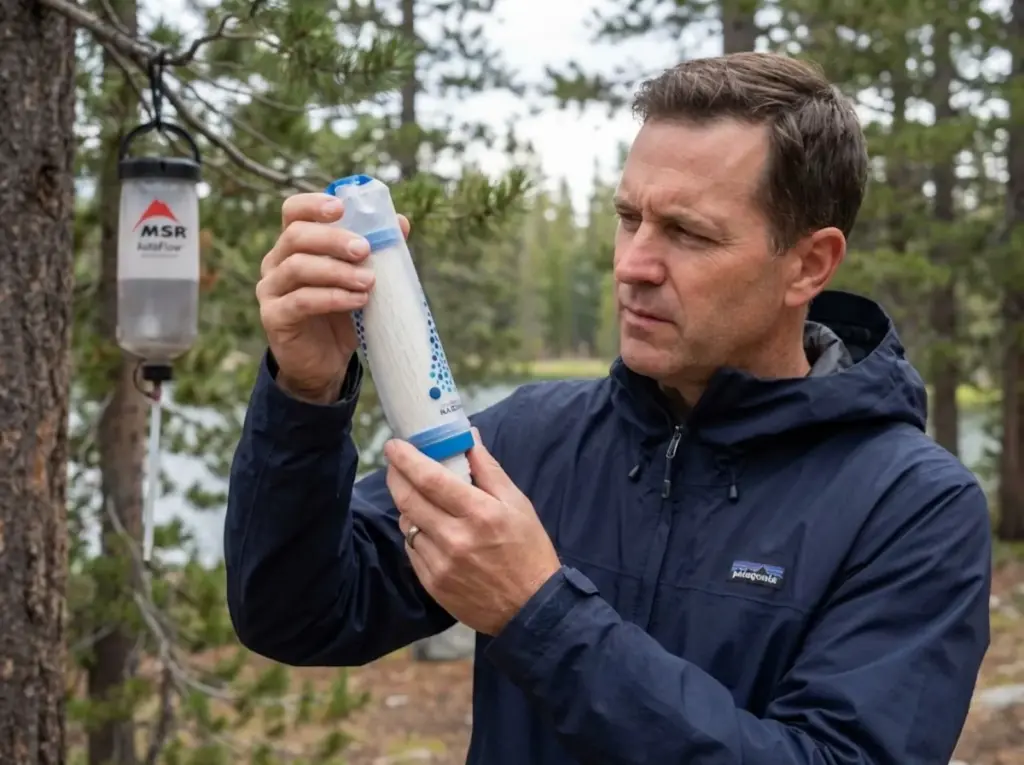 Experienced hiker inspecting Katadyn BeFree gravity filter cartridge at forest campsite