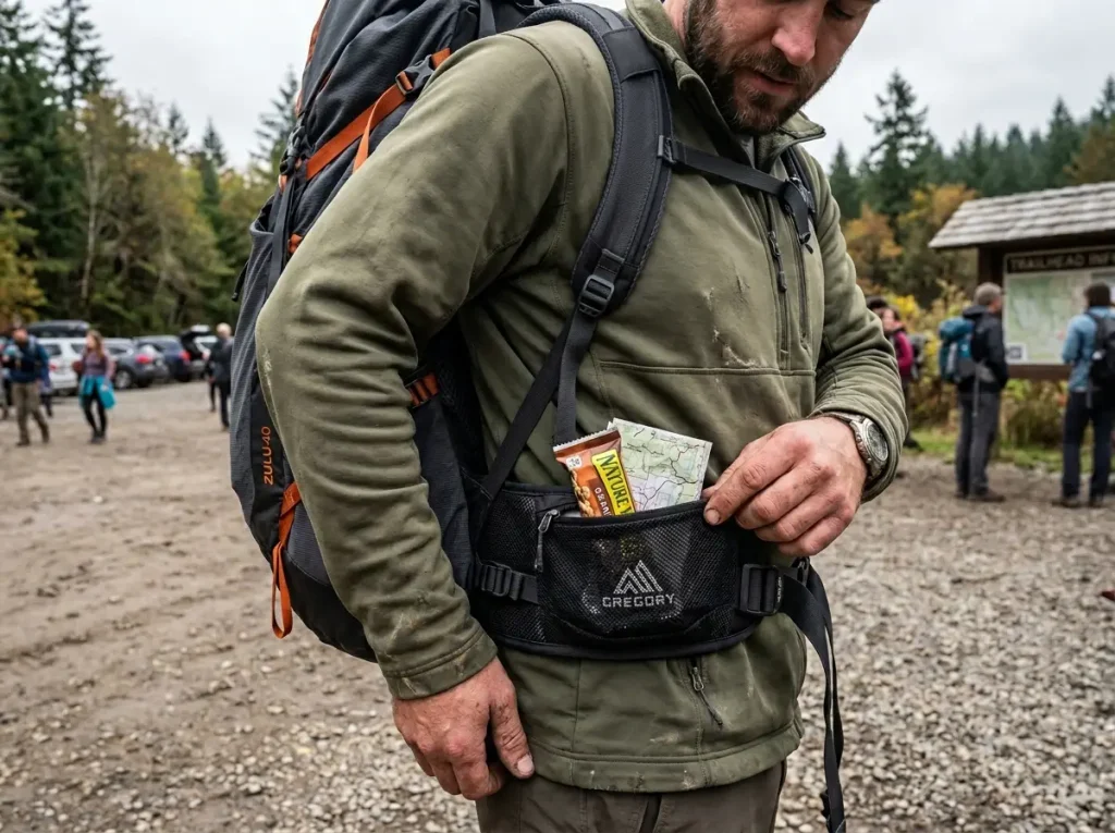 Close view of a Gregory Zulu pack's built-in integrated hip belt pocket wrapped toward the front