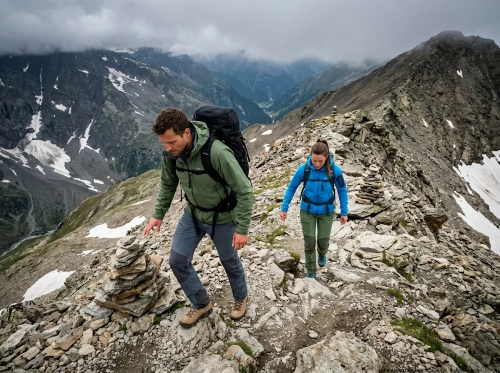 Hikers crossing exposed alpine ridge on SAC T3 terrain — international trail difficulty ratings comparison  