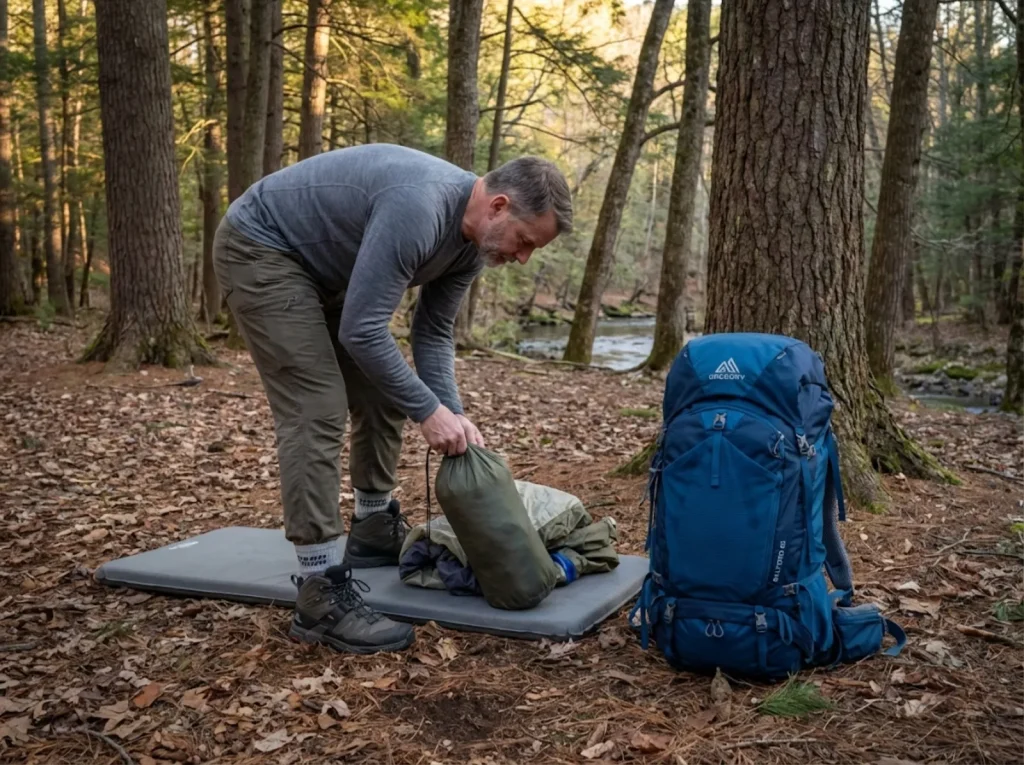 Hiker packing camp on durable surface leaving no trace in backcountry forest