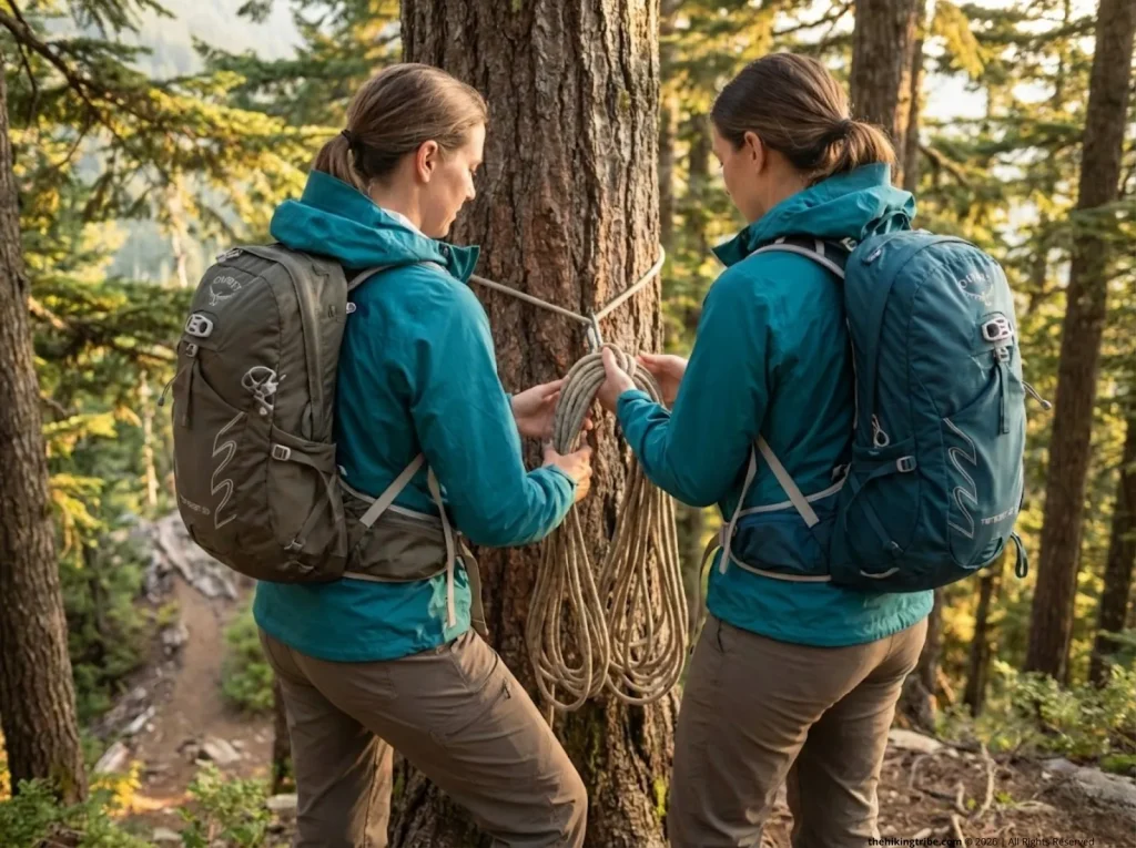 Hiker removing temporary handline rope from tree anchor after use, Leave No Trace stewardship on technical trail section
