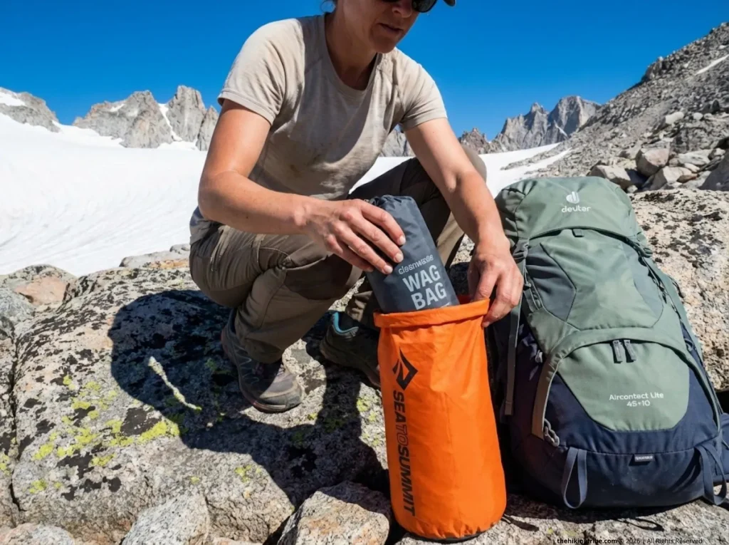 Hiker practicing Leave No Trace waste management during acclimatization rest day