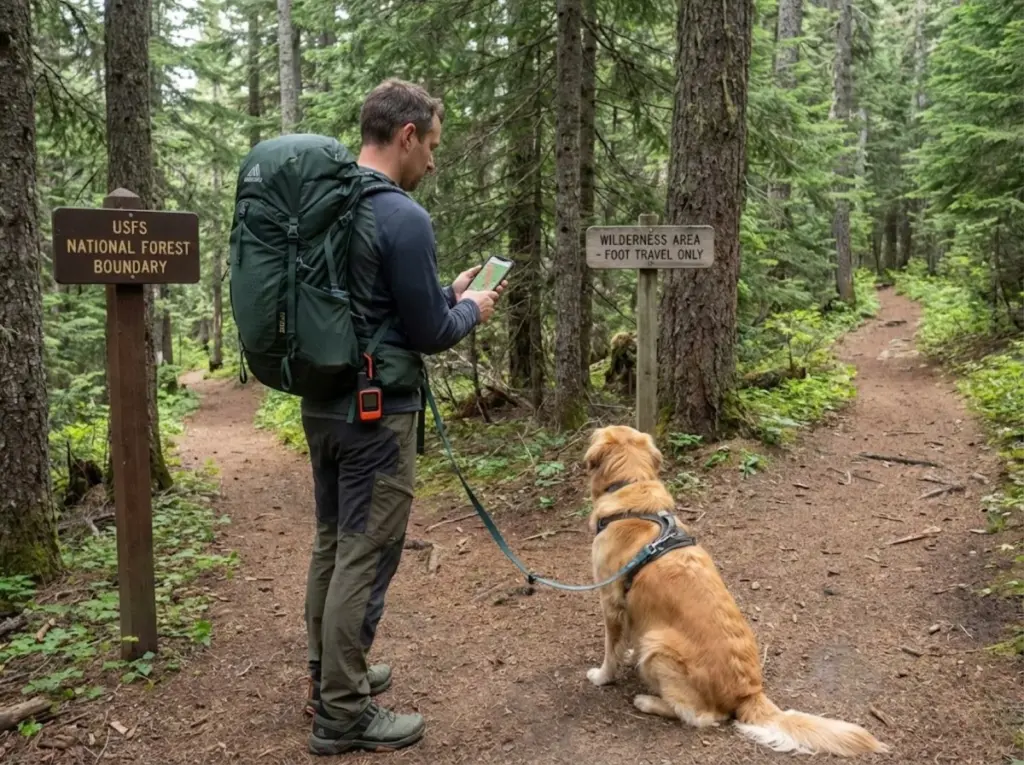 Hiker checking GPS land ownership map at National Forest and Wilderness boundary signs