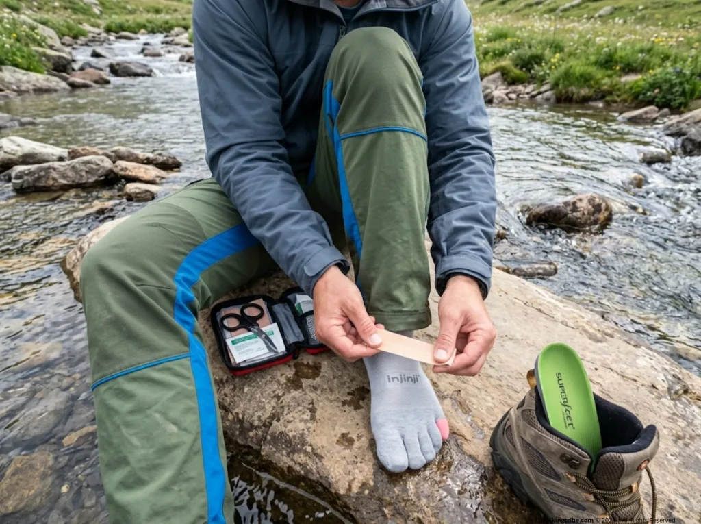 Hiker applying Leukotape over toe sock for complete blister prevention on trail