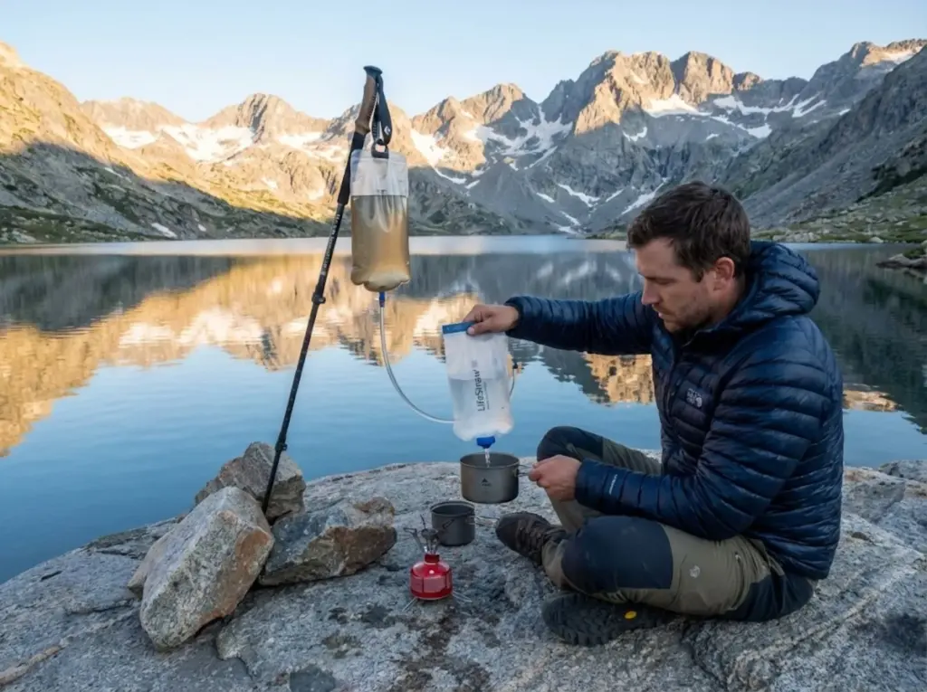 Hiker pouring filtered water from LifeStraw Peak gravity filter beside alpine lake