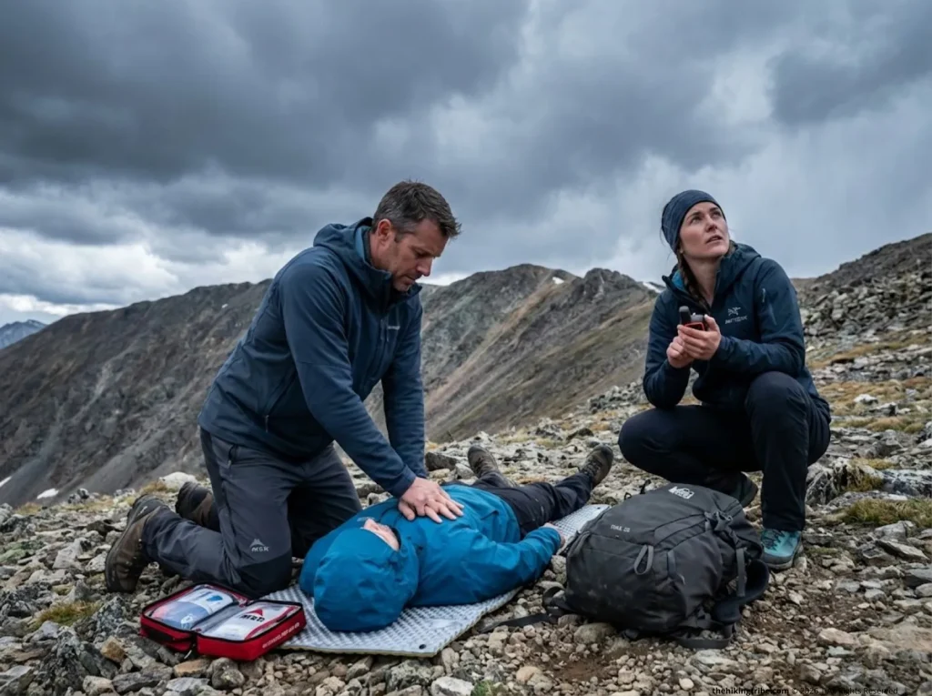 Hiker performs CPR on alpine slope while partner activates Garmin inReach SOS — lightning first aid reverse triage