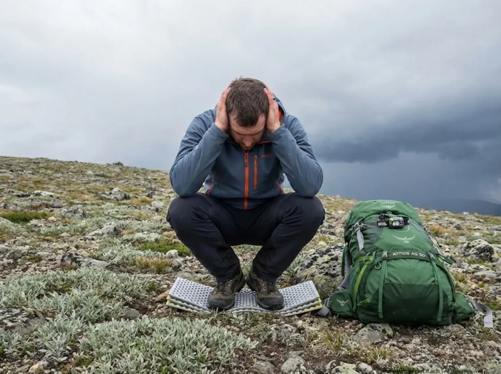 Male hiker in correct lightning crouch position on alpine slope, Thermarest pad underfoot, pack set aside