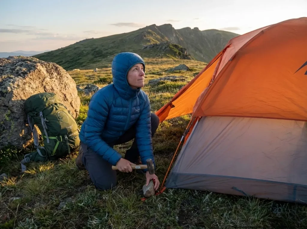 Female hiker sets up Big Agnes tent in low mountain saddle below ridge, intentional lightning-safe campsite selection
