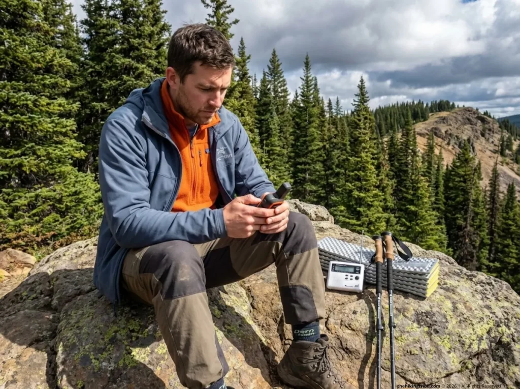 Hiker checks Garmin inReach weather forecast at treeline before alpine ridge approach — lightning preparedness gear