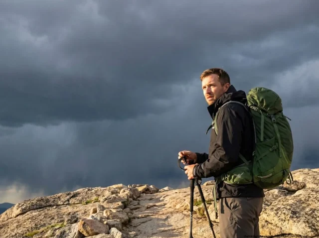 lightning-safety-hiking-open-terrain-hero Hiker on exposed alpine ridge watches storm move in, hand releasing trekking poles—lightning safety hiking open terrain