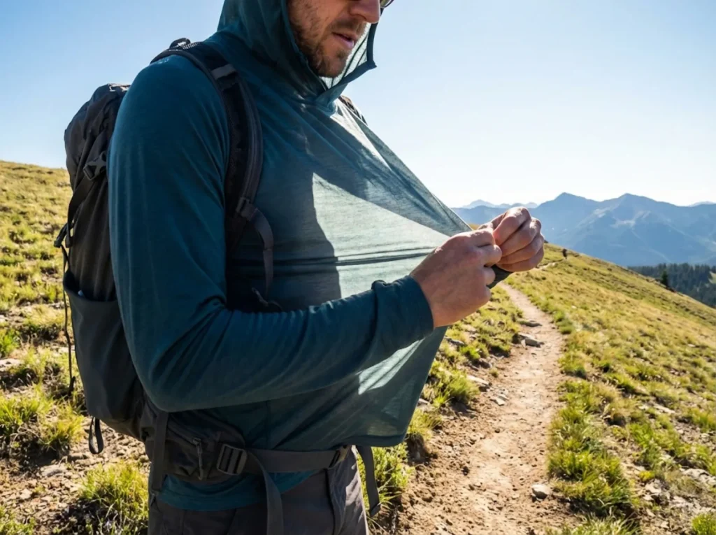 Hiker shows translucent lightweight fabric of a Mountain Hardwear sun hoodie on exposed trail