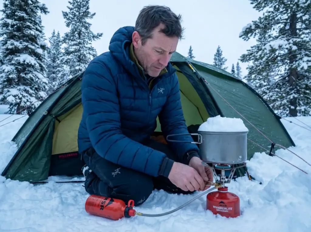 Winter backpacker operating MSR Whisperlite liquid fuel stove in snowy camp