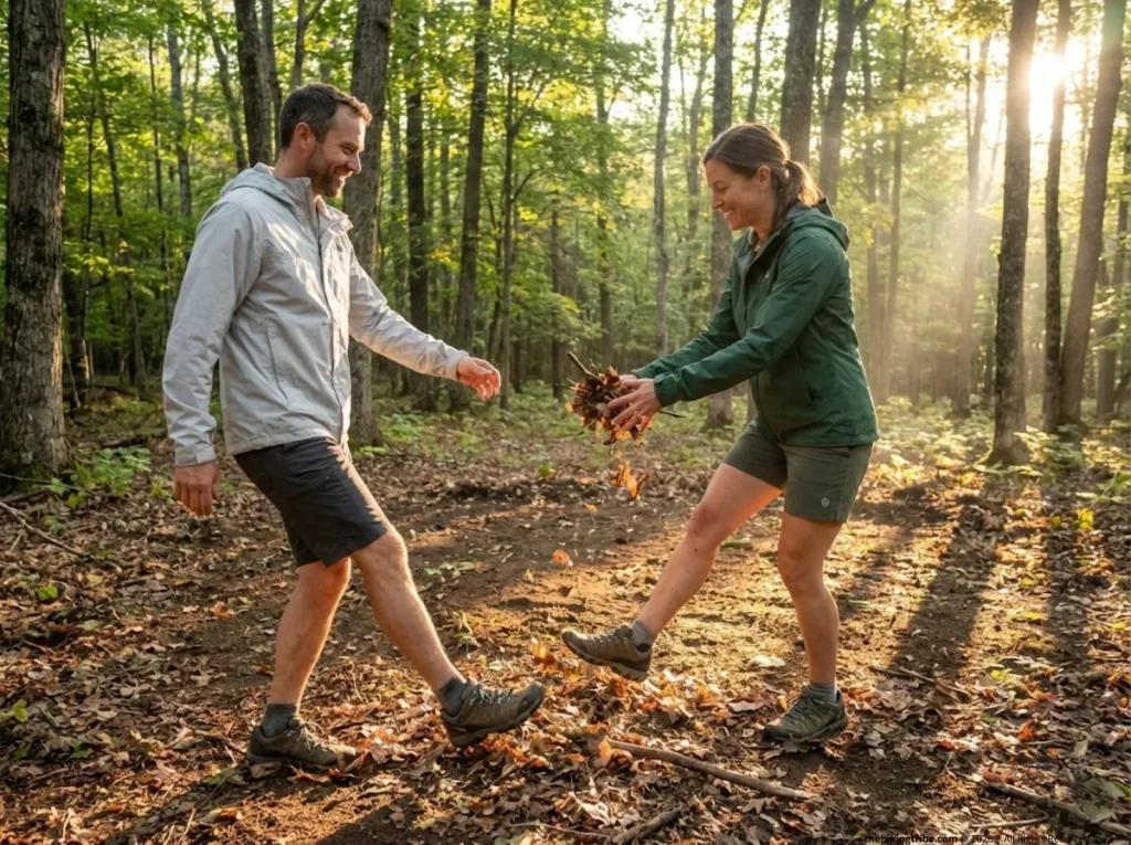 Two hikers scattering debris and restoring a forest site after dismantling a debris shelter in the White Mountains  