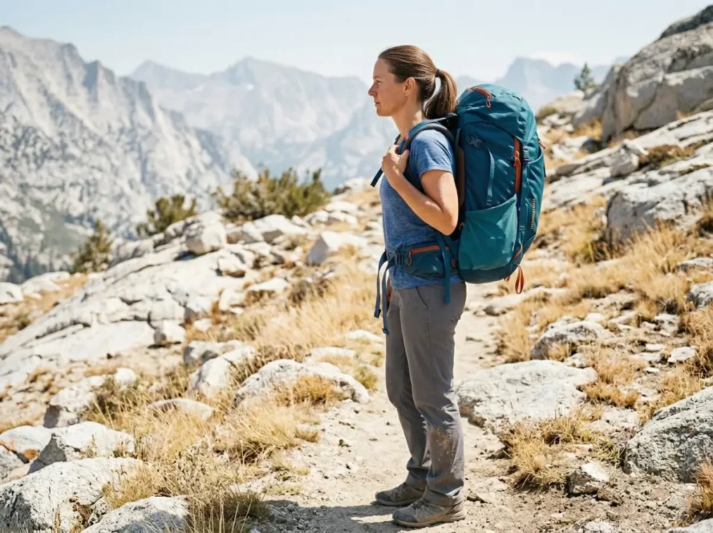 Side view of a hiker showing load lifter straps angled back at about 45 degrees on a loaded pack