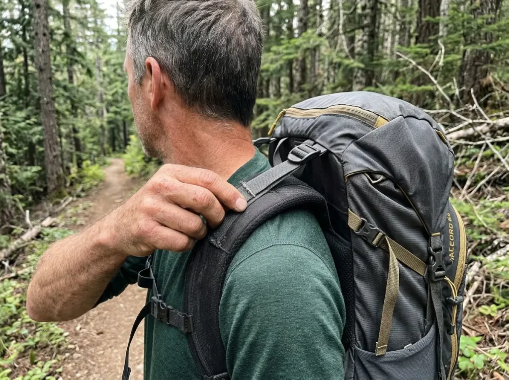 Close-up of a backpack load lifter strap running from the shoulder strap to the top of the pack frame