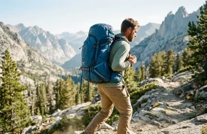Why Cranking Load Lifters Makes Your Pack Worse Hiker on an alpine trail wearing a framed backpack with load lifter straps set at the 45-degree angle