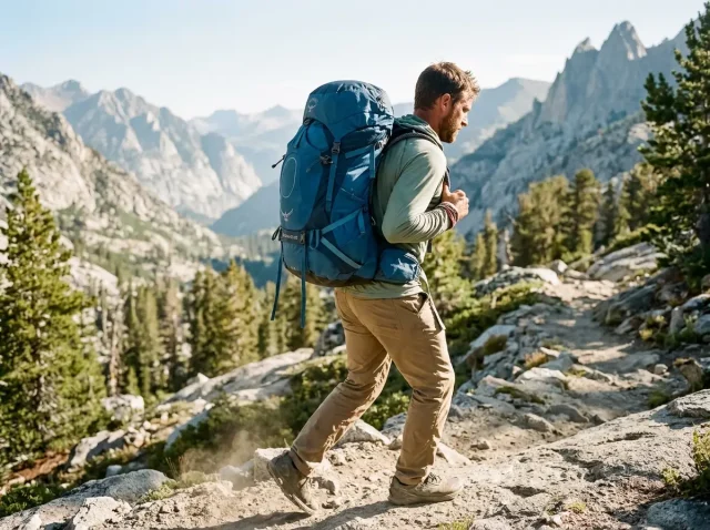 load-lifter-straps-45-degree-angle-hero Hiker on an alpine trail wearing a framed backpack with load lifter straps set at the 45-degree angle