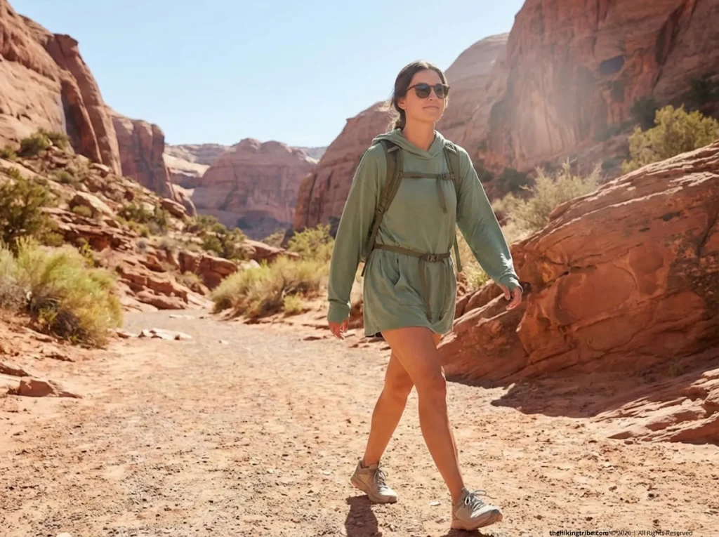 Female day hiker in relaxed-fit base layer on sunny desert wash trail without heavy pack
