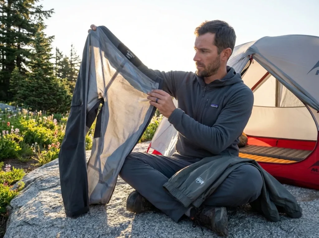 Hiker examining waterproof pant membrane construction at backcountry camp in morning light