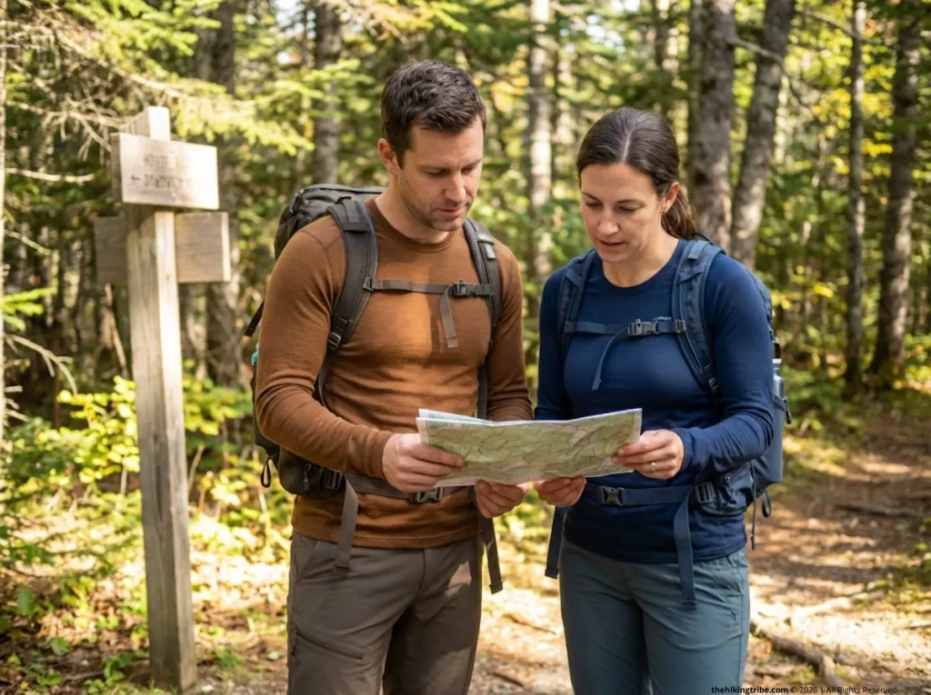Two hikers comparing merino and synthetic snug-fit base layers at mountain trail junction