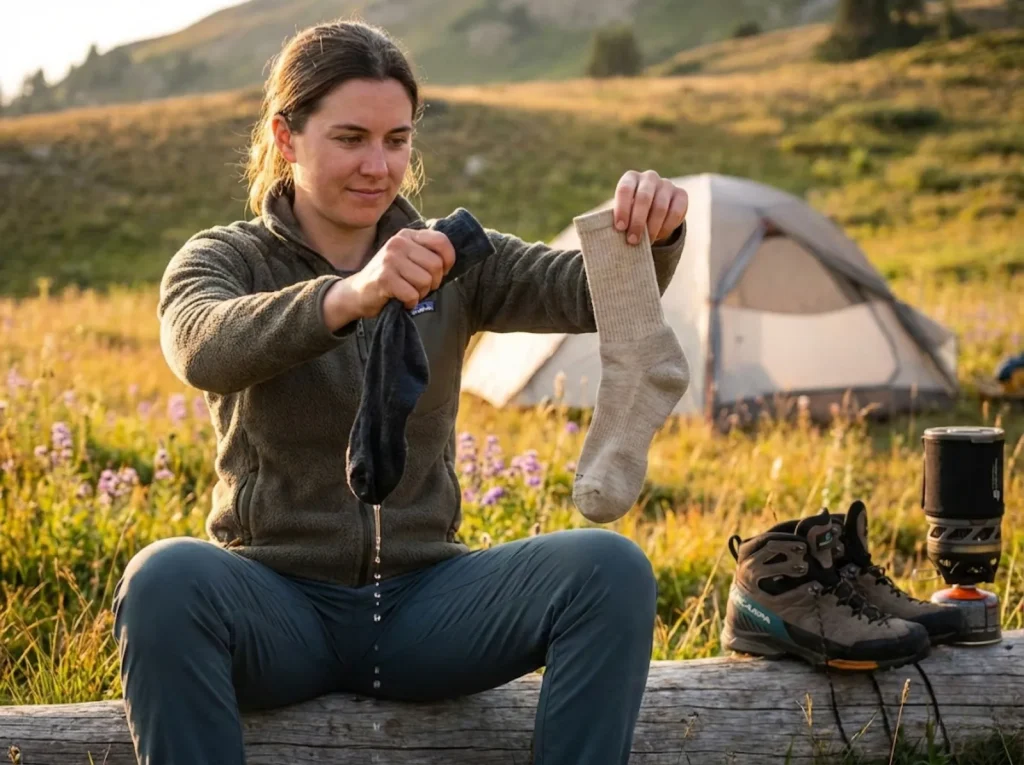 Hiker comparing wet cotton sock versus dry merino wool hiking sock at alpine campsite
